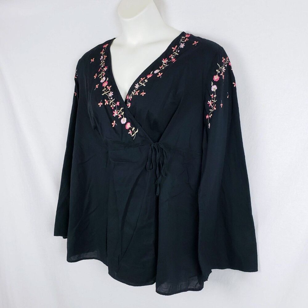 Venezia Cottagecore Peasant Wrap Top Womens 18/20 Black Floral Embroidery Boho - Picture 2 of 8